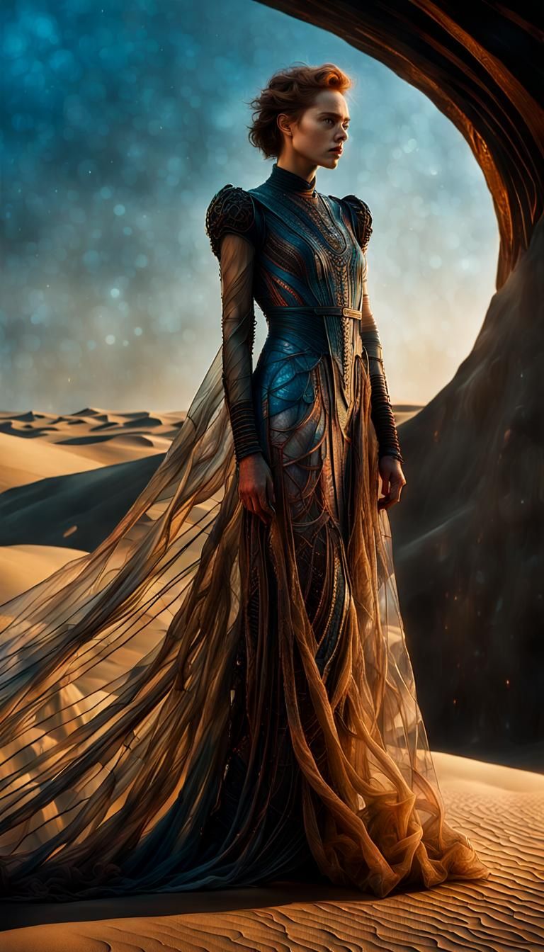 Dune Princess in Transparent Dress: Hyperrealistic Portrait