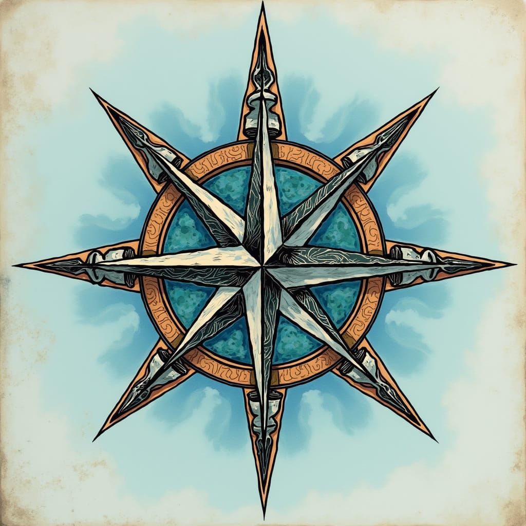 Traditional Compass Rose Tattoo with Paua Shell Inlay in a S...