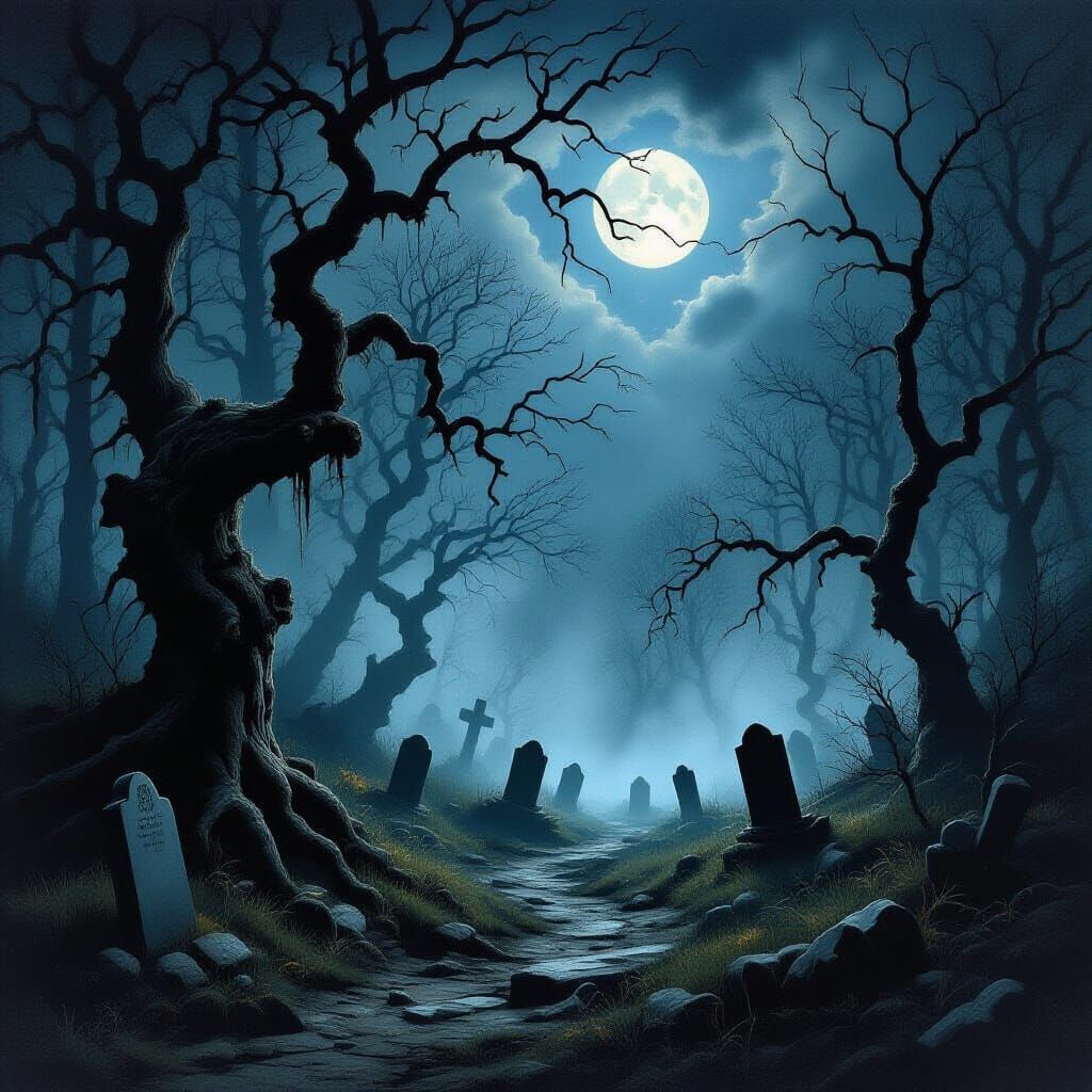 Spooky Forest Scene on All Hallows Eve in German Expressioni...