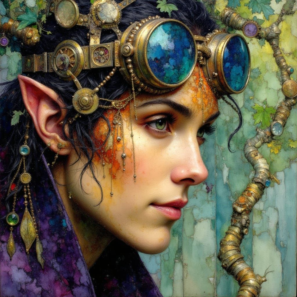 Steampunk Druid Portrait with Alcohol Ink Texture