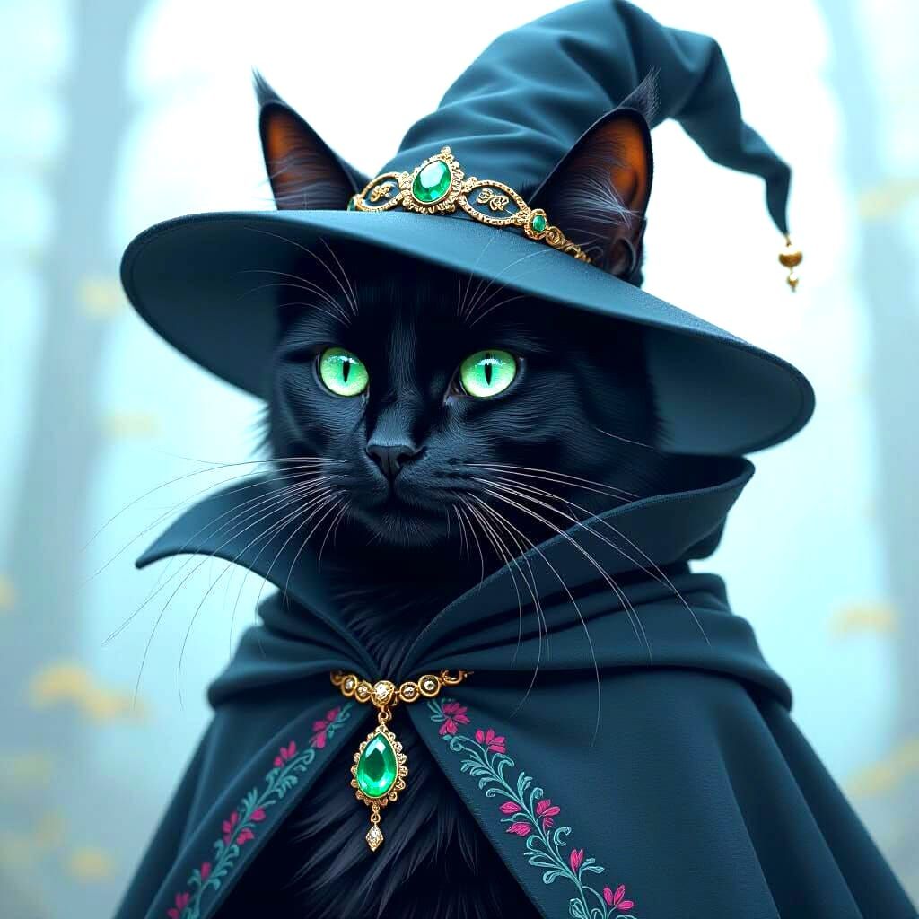 Charming Black Witch Cat with Emerald Eyes