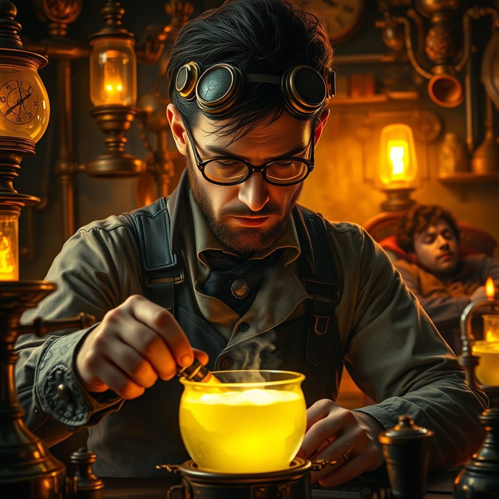 Steampunk Magician Brews Healing Potion for Twin Brother