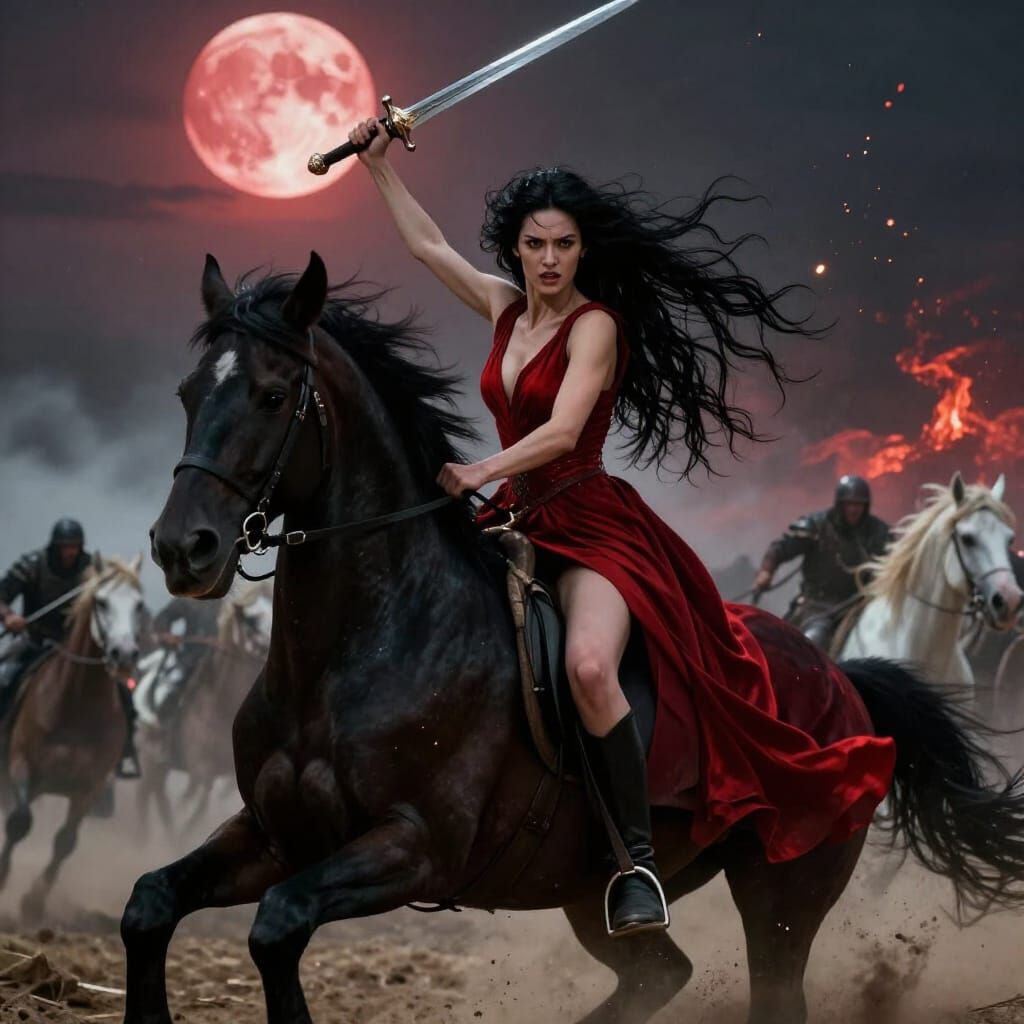 Vengeful Demon Woman Riding Horse with Sword