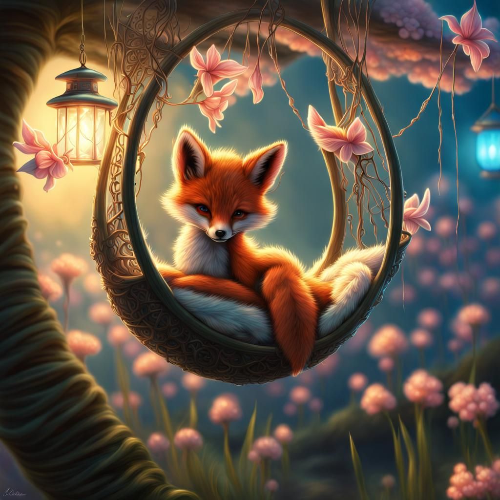 Bioluminescent Baby Fox in Futuristic Thailand Village