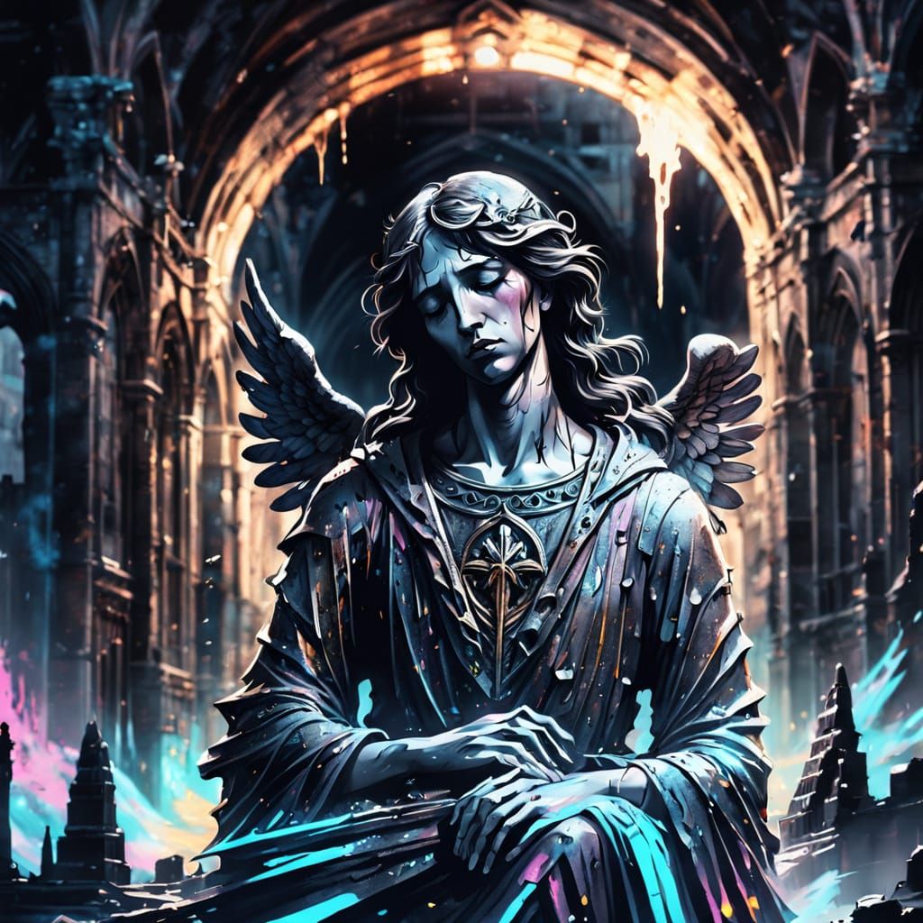 Sorrowful Angel Weeping in Ruined Cathedral
