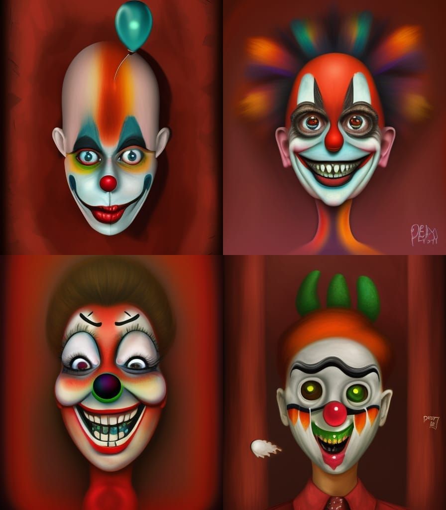 a clown mask with big eyes and a griny grin, a digital painting by Penny Patricia Poppycock, deviantart contest winner, ...