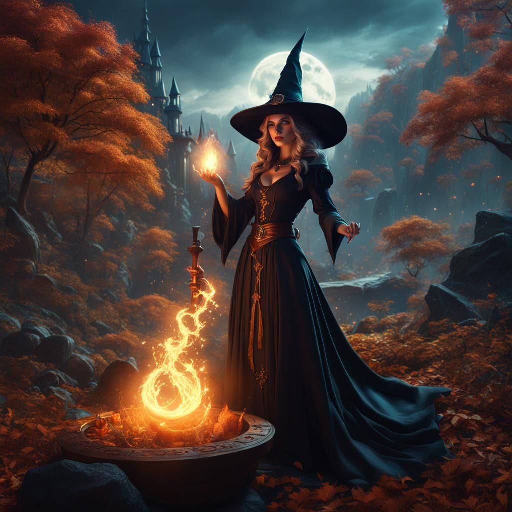 Fantasy Witch Casting Spell: Detailed Matte Painting
