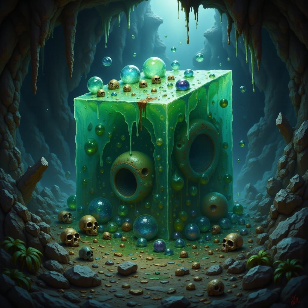 RPG Ooze Cube with Adventurer Remains in Dungeon Diorama