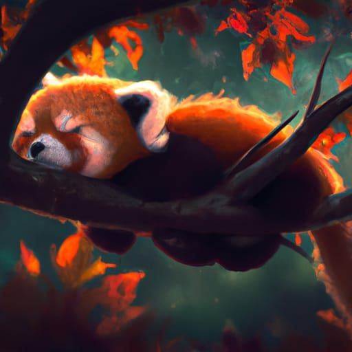 Sleeping Red Panda Cub in a Tree