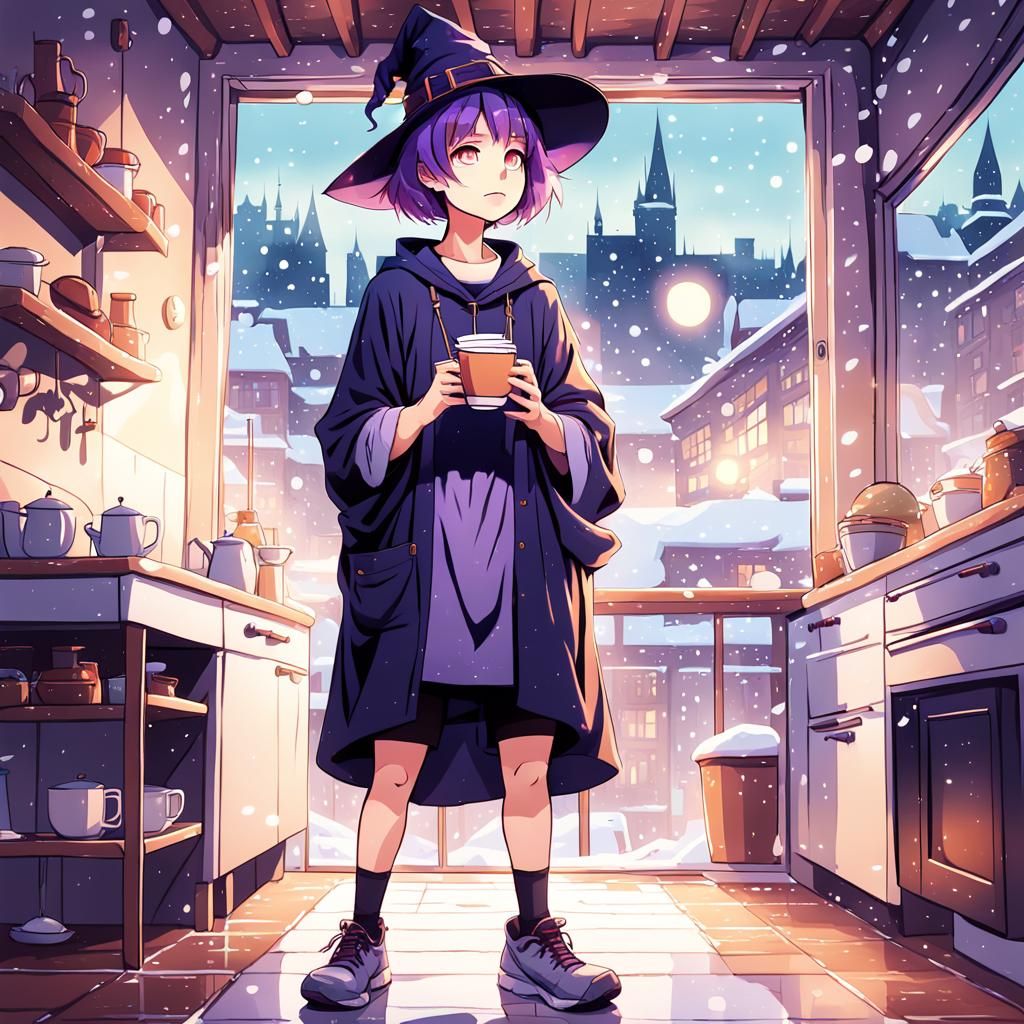 Cute Anime Witch Enjoys Coffee in a Snowy City