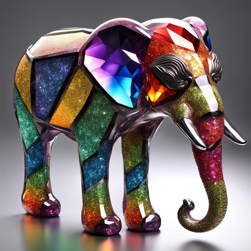 Crystal Elephant-Wolf Hybrid Statue in Rainbow Glitter