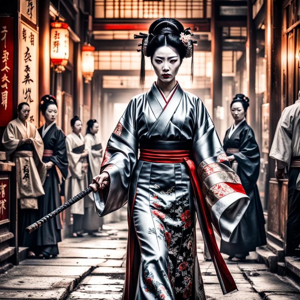 Hyperrealistic Chinese Geisha Assassin in Mafia Style