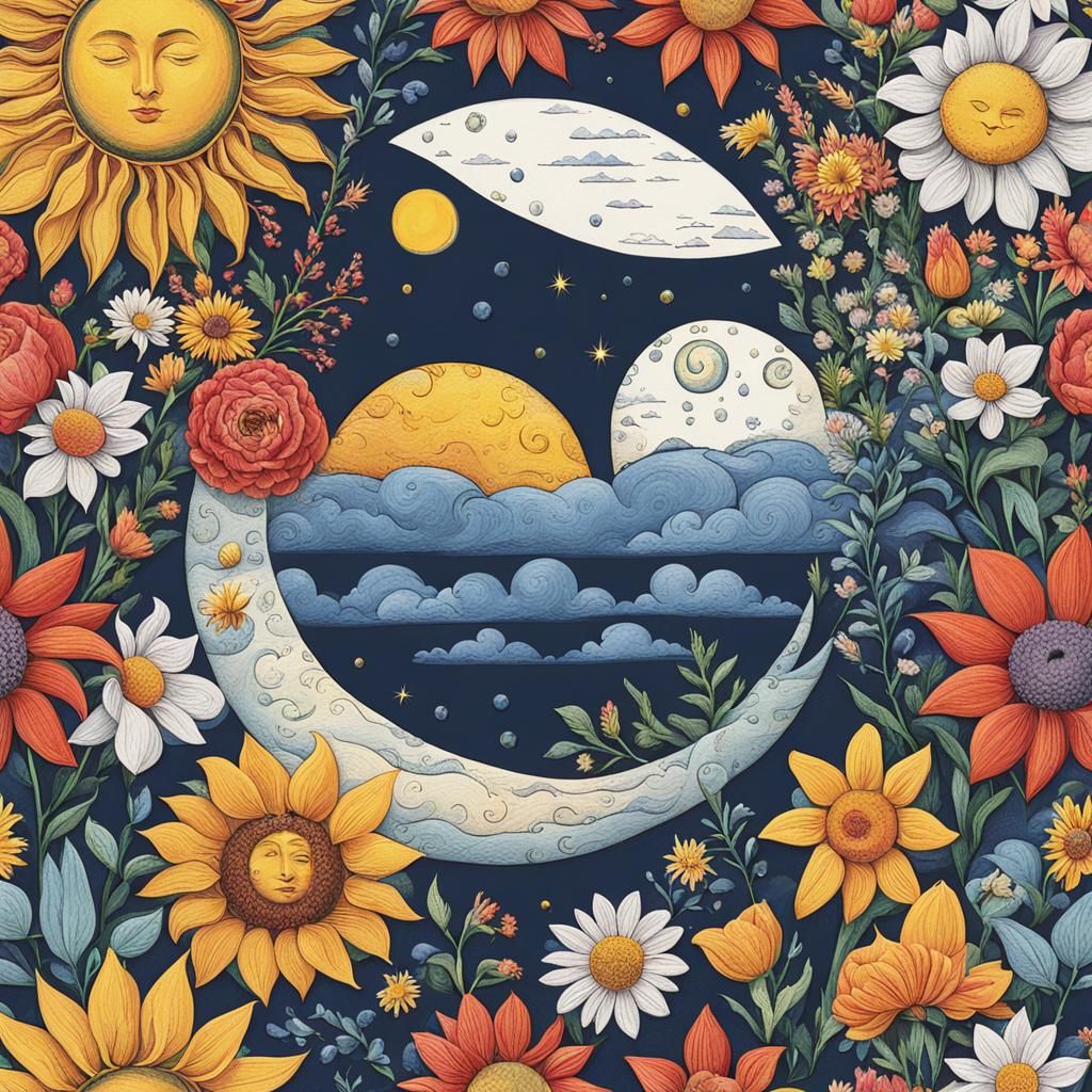 Floral Sun and Moon Digital Illustration