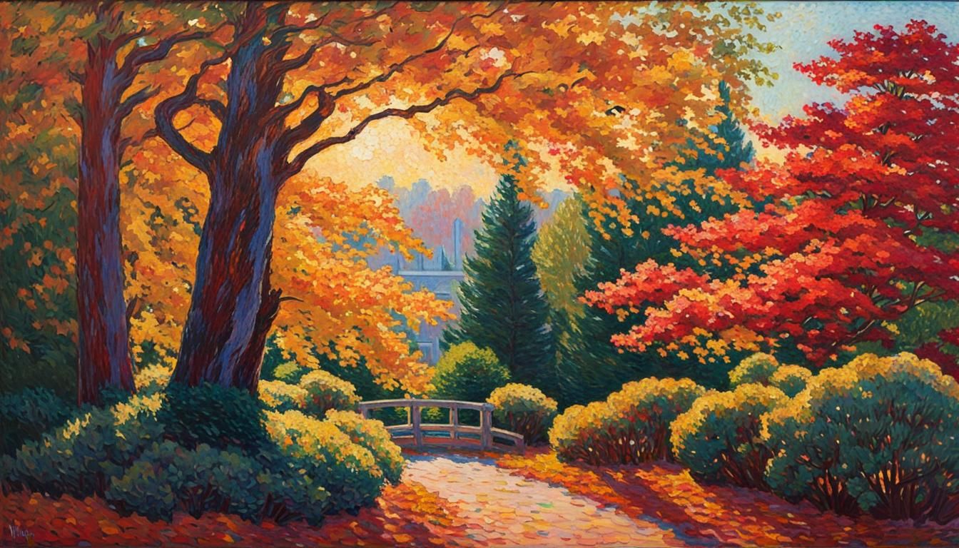 Pointillist Autumn Garden with Sunlight
