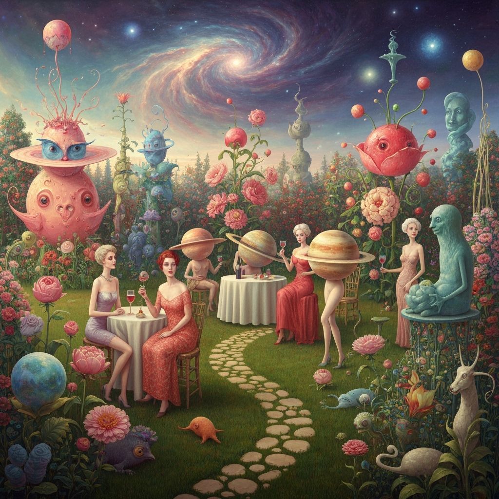 Surreal Planetary Garden Party with Dreamlike Creatures