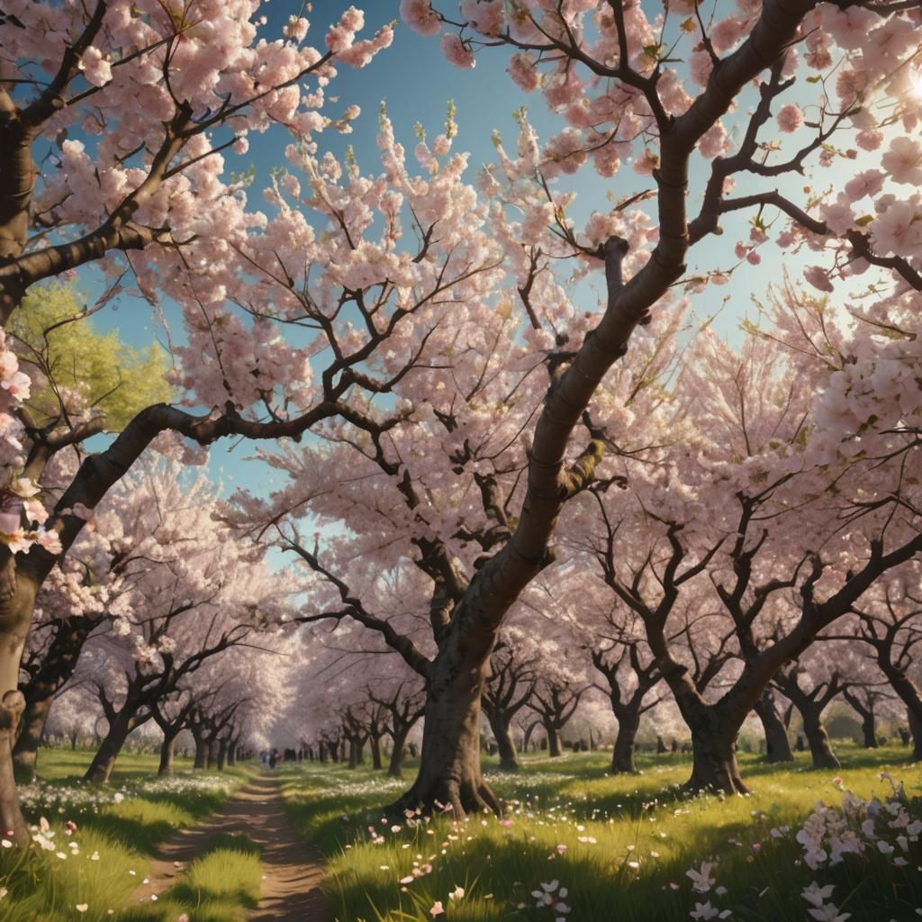 Blooming Cherry Orchard in Mannerist Style