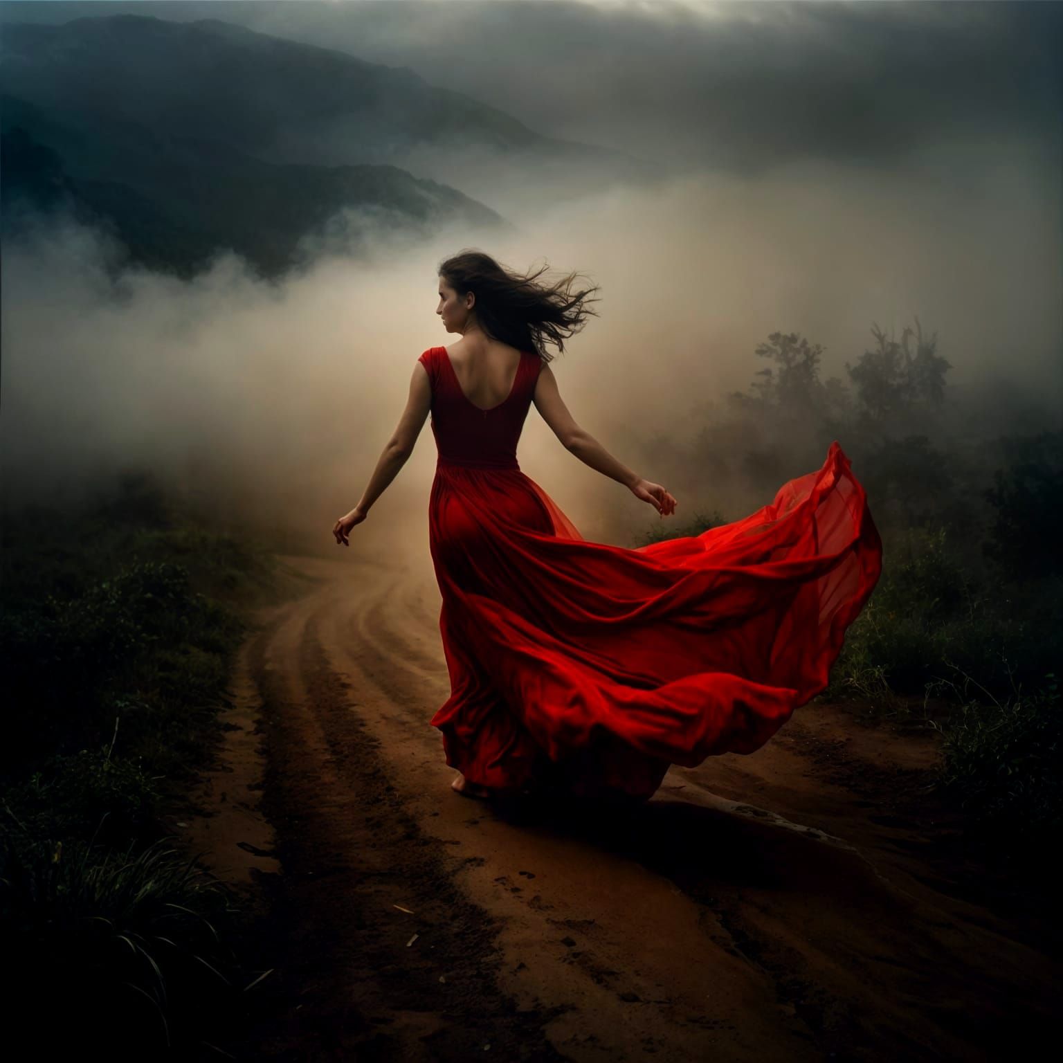 Woman Dancing in Mist, Chiaroscuro Style