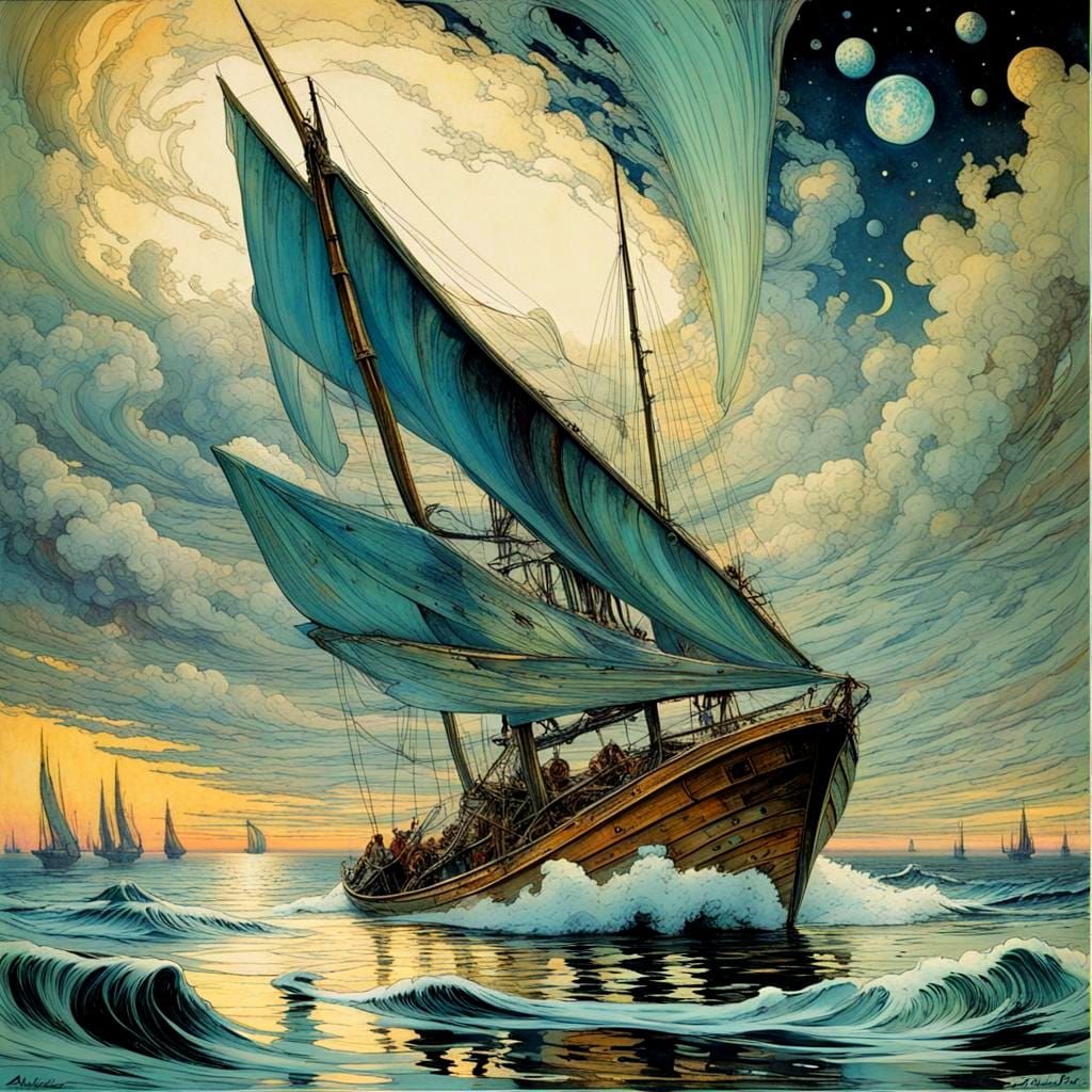 Flying Sailboat in Epic Futuristic Cosmic Scene