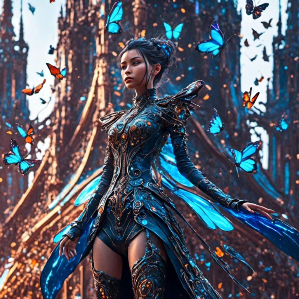Girl in Futuristic Dress with Butterflies