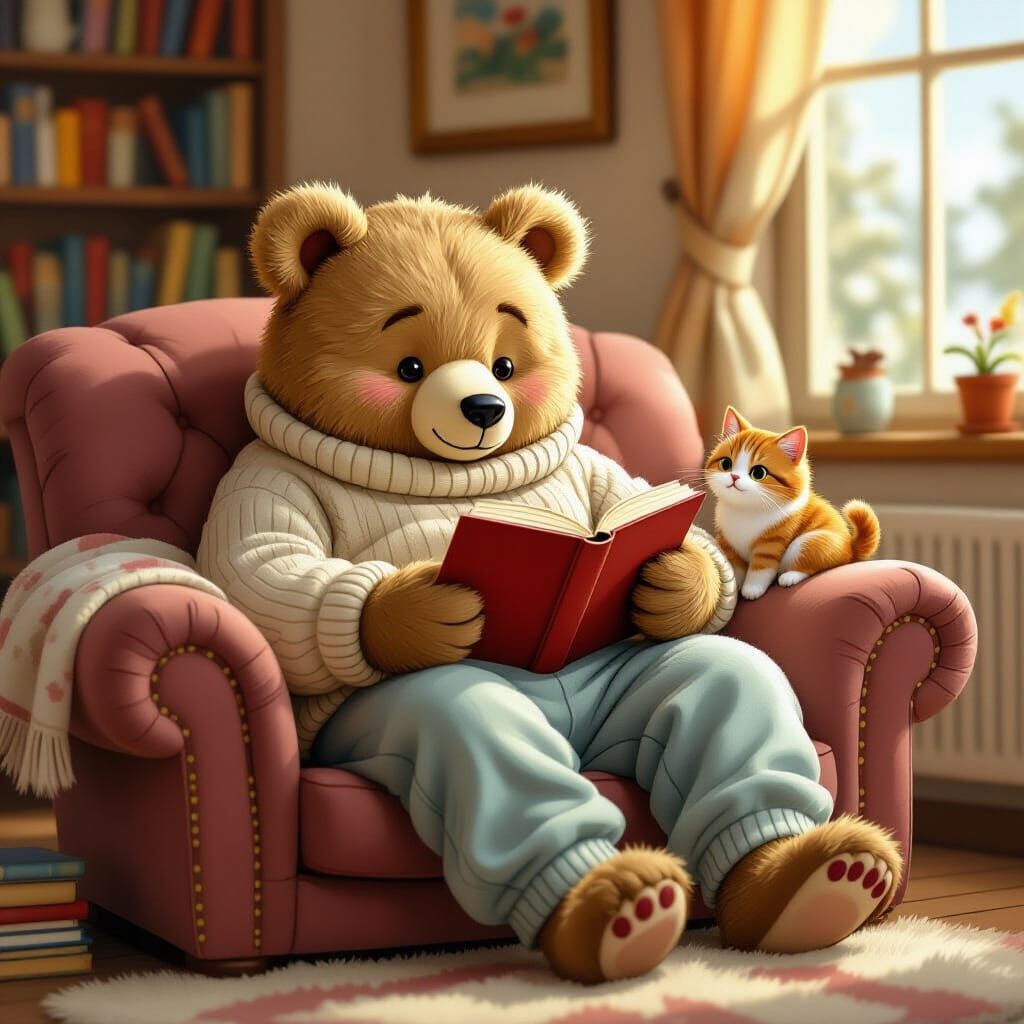 Bear Reading With Cat in Potteresque Style