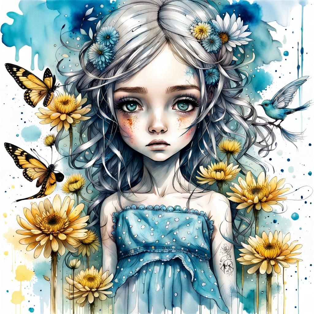 Babydoll  look doll with big anime eyes small body chibi in a beautiful baby doll blue dress Blue and yellow chinoiserie...