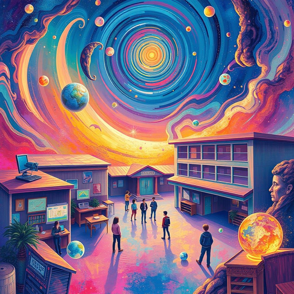 Vibrant Surreal School Scene in Cosmic Astral Backdrop