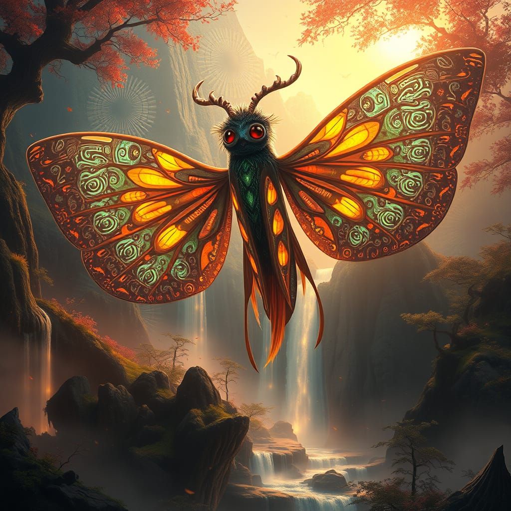 Ethereal Mothra in Ancient, Glowing Forests