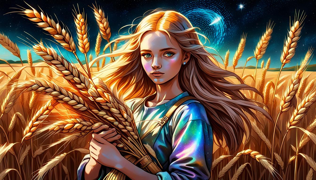 Girl in Wheat Field: Holographic Astral Illustration