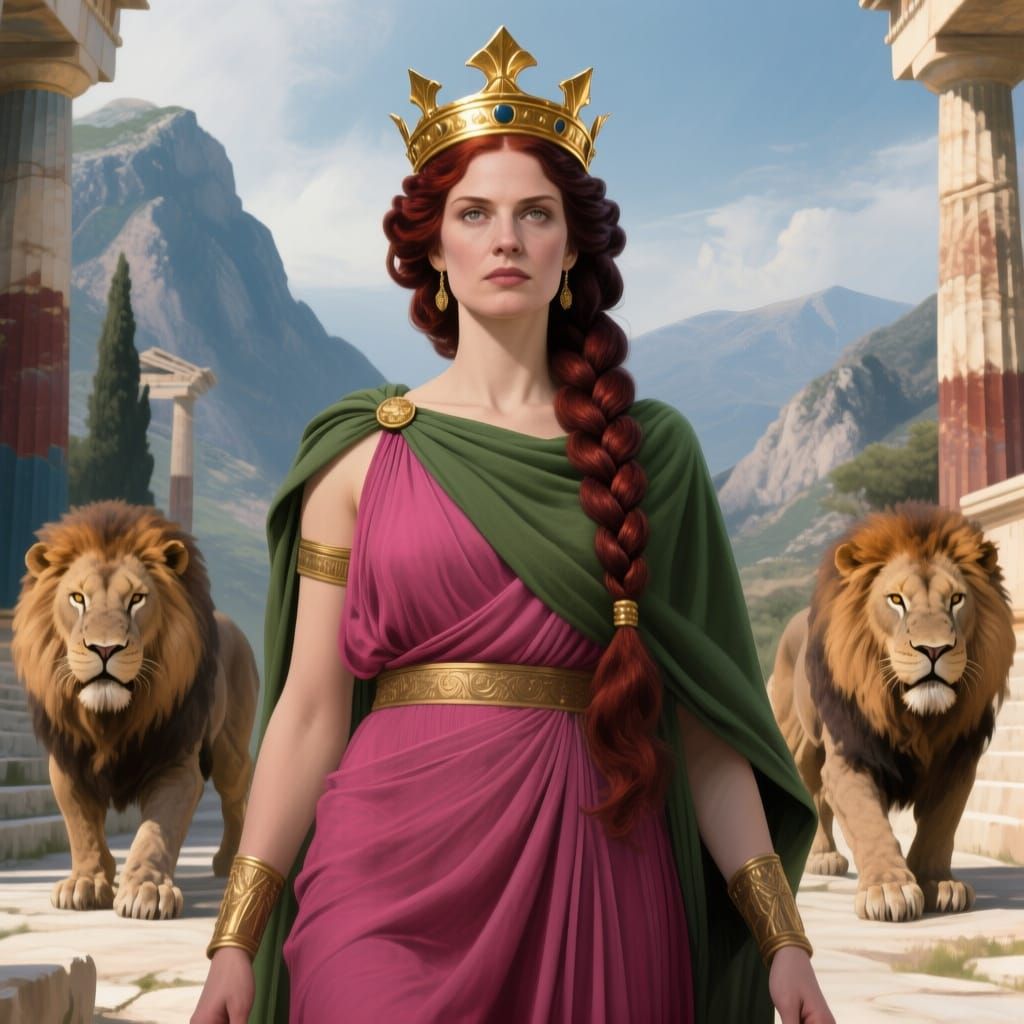 Rhea, Titan Mother Goddess, in Ancient Greek Temple