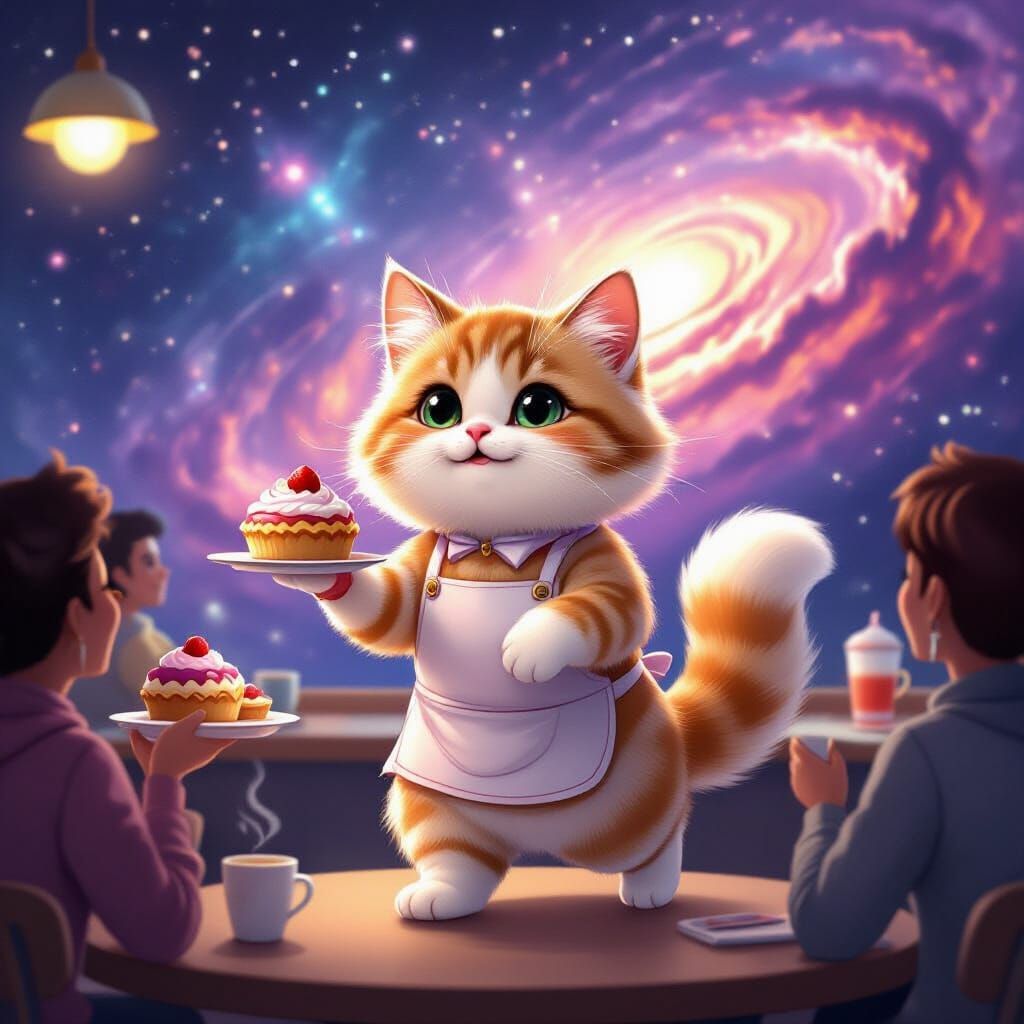 Cat Barista Serves Cosmic Pastries in Galactic Cafe