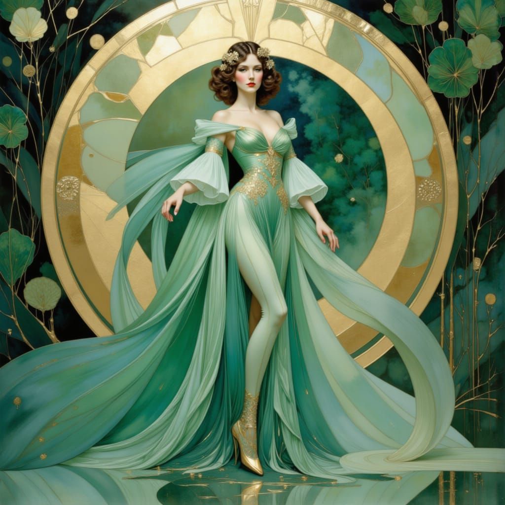Ethereal Woman in Sea Green Gown, Dreamlike Setting