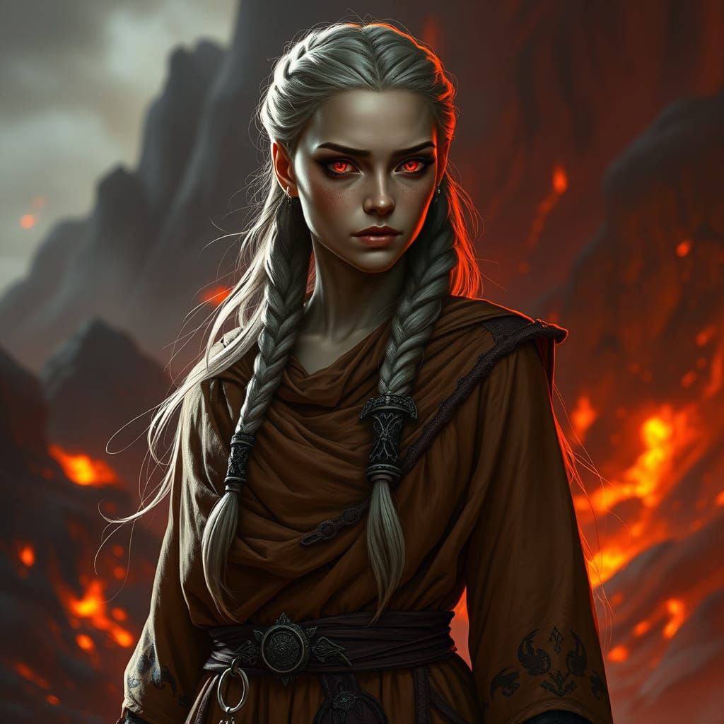 Dunmer Woman Silhouetted in Volcanic Light