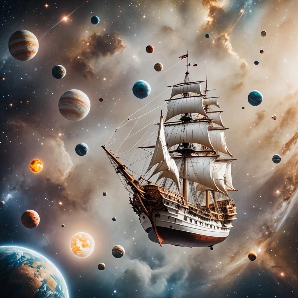 Ornate Sailing Ship Drifting Through Space: Photography