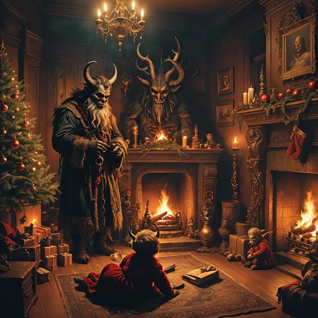 Krampus Watches Over Sleeping Baby: Victorian Matte Painting