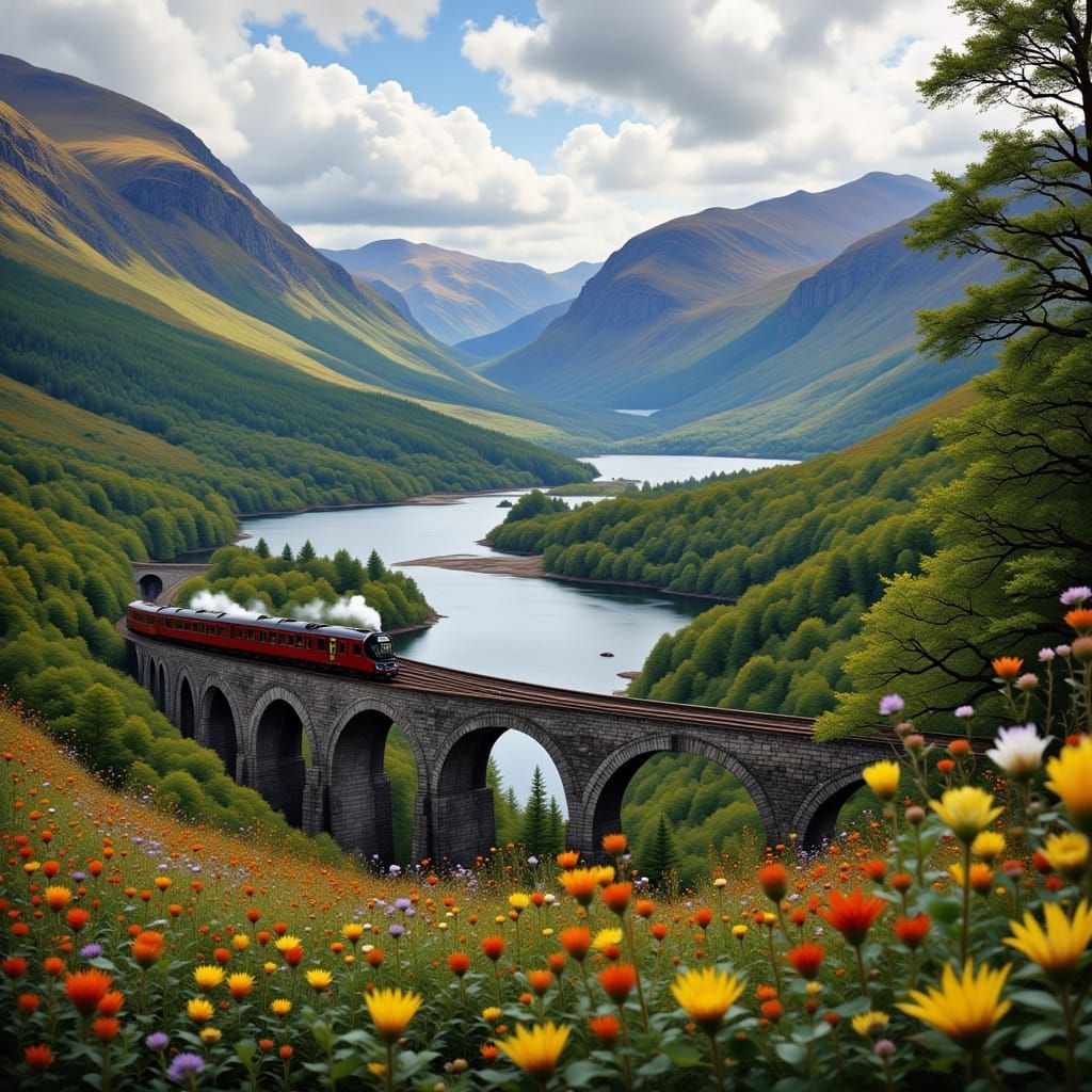 Glenfinnan Viaduct Steam Train in Highland Summer