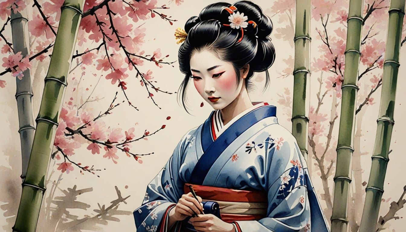 Geisha Calligraphy in Bamboo Garden: Sumi-e Style