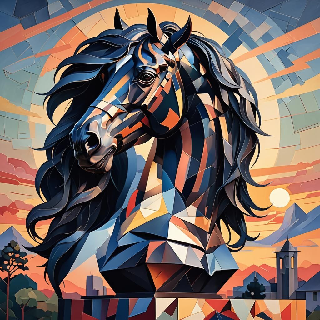 Friesian Horse Bust in Cubist Art Deco Style