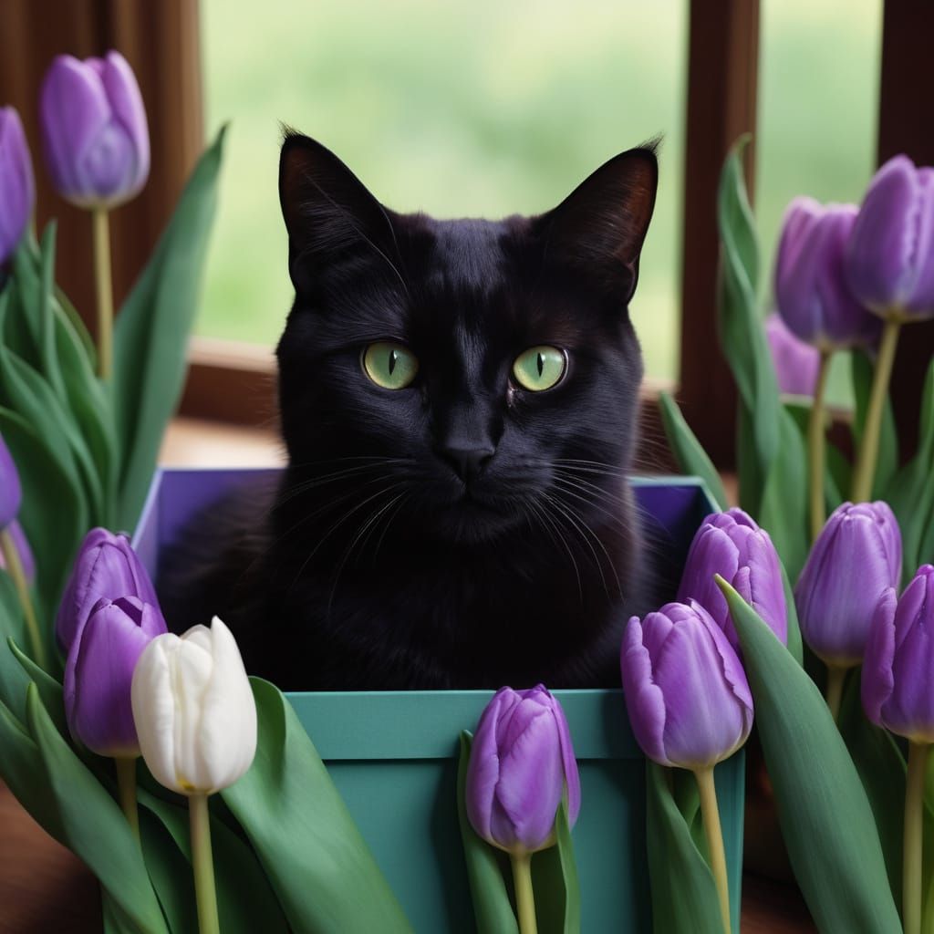 Vibrant Black Cat in a Purple Heart-Shaped Box