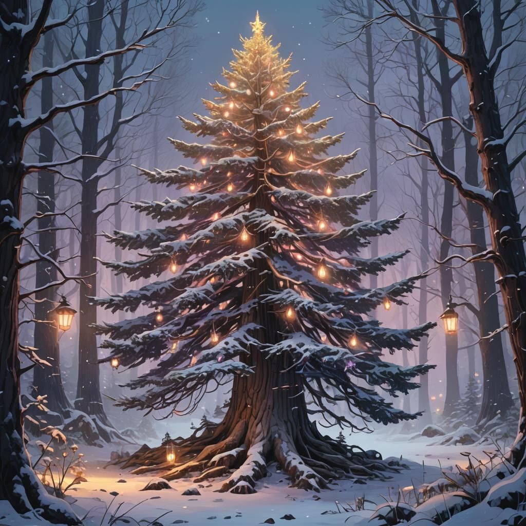 Fairy Light Pine in Misty Forest: Fantasy Art