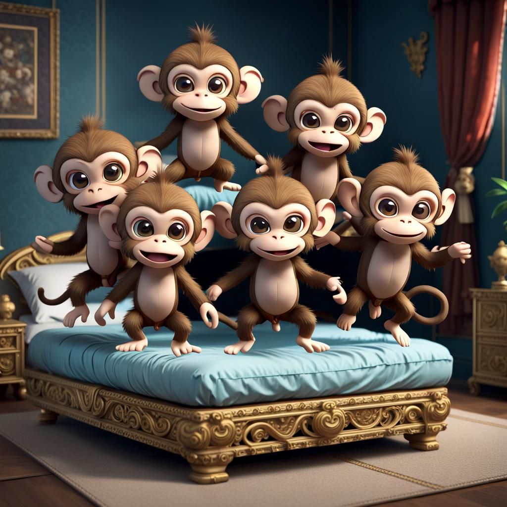 Chibi Monkeys Jumping on Bed, Fantasy Concept Art
