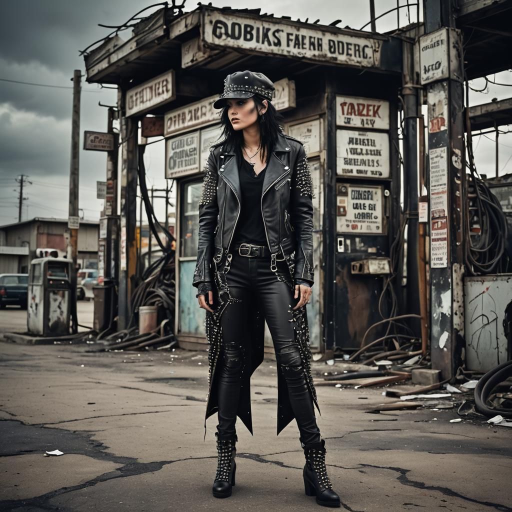 Edgy Woman in Leather at Gas Station