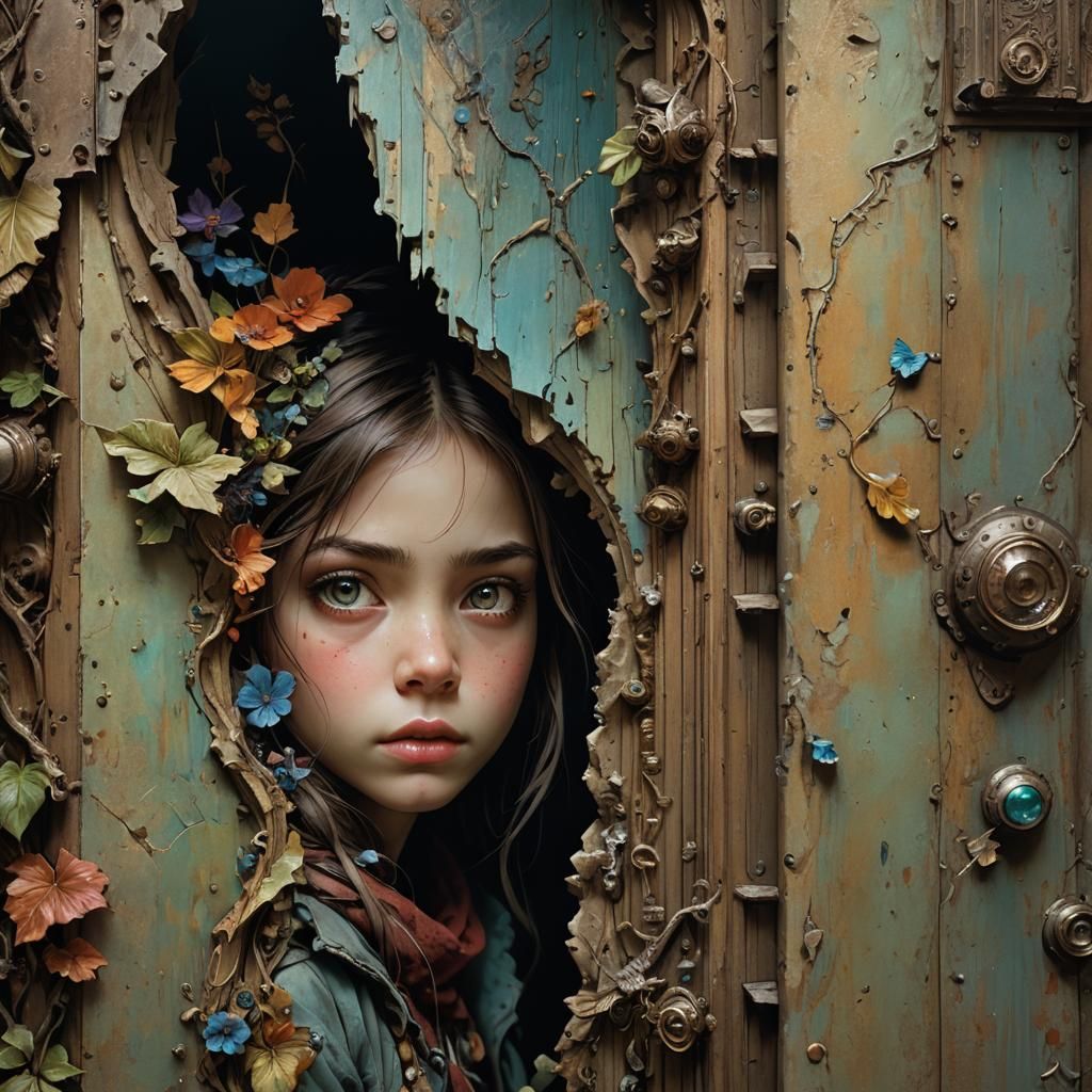 Intricate Portrait of Girl Peeking Around Corner