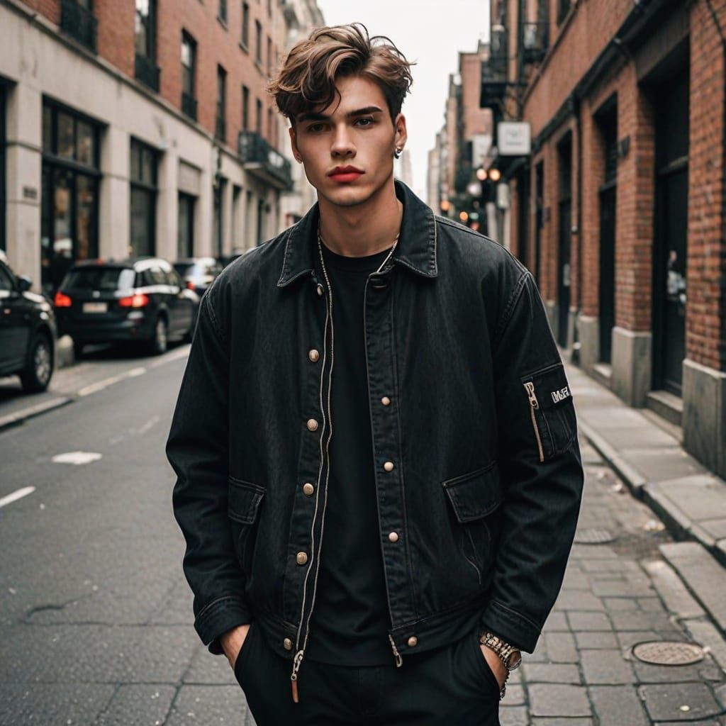 Attractive Young Man in Trendy Outfit with Plump Lips