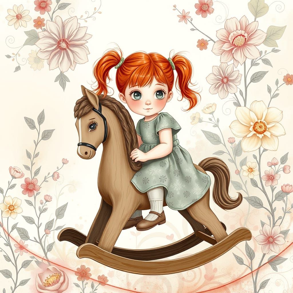 Girl on Rocking Horse in Watercolor Fractal Style