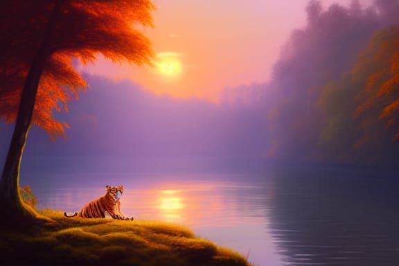 Kerala Forest River Scene with Tiger in Digital Art