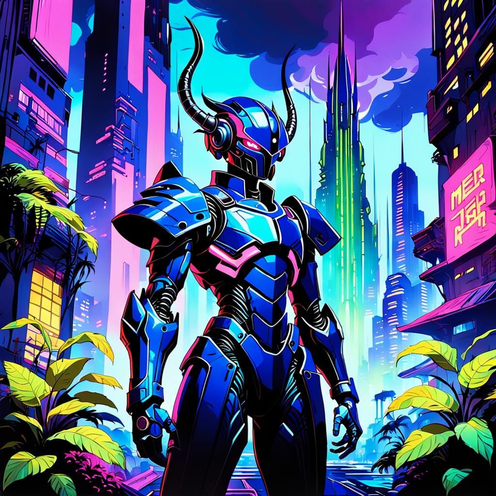 Dystopian Warrior Amidst Neon Cityscape