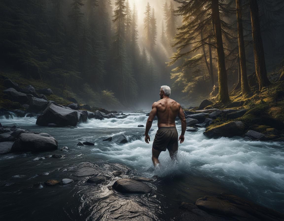 Man Enters Icy River in Snowy Forest