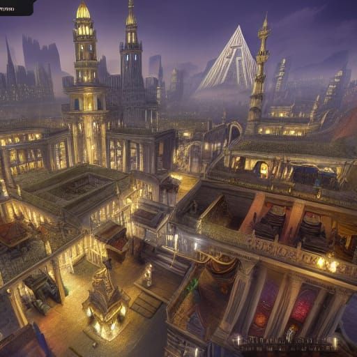 Steampunk Fantasy Cityscape with Pyramid Temple