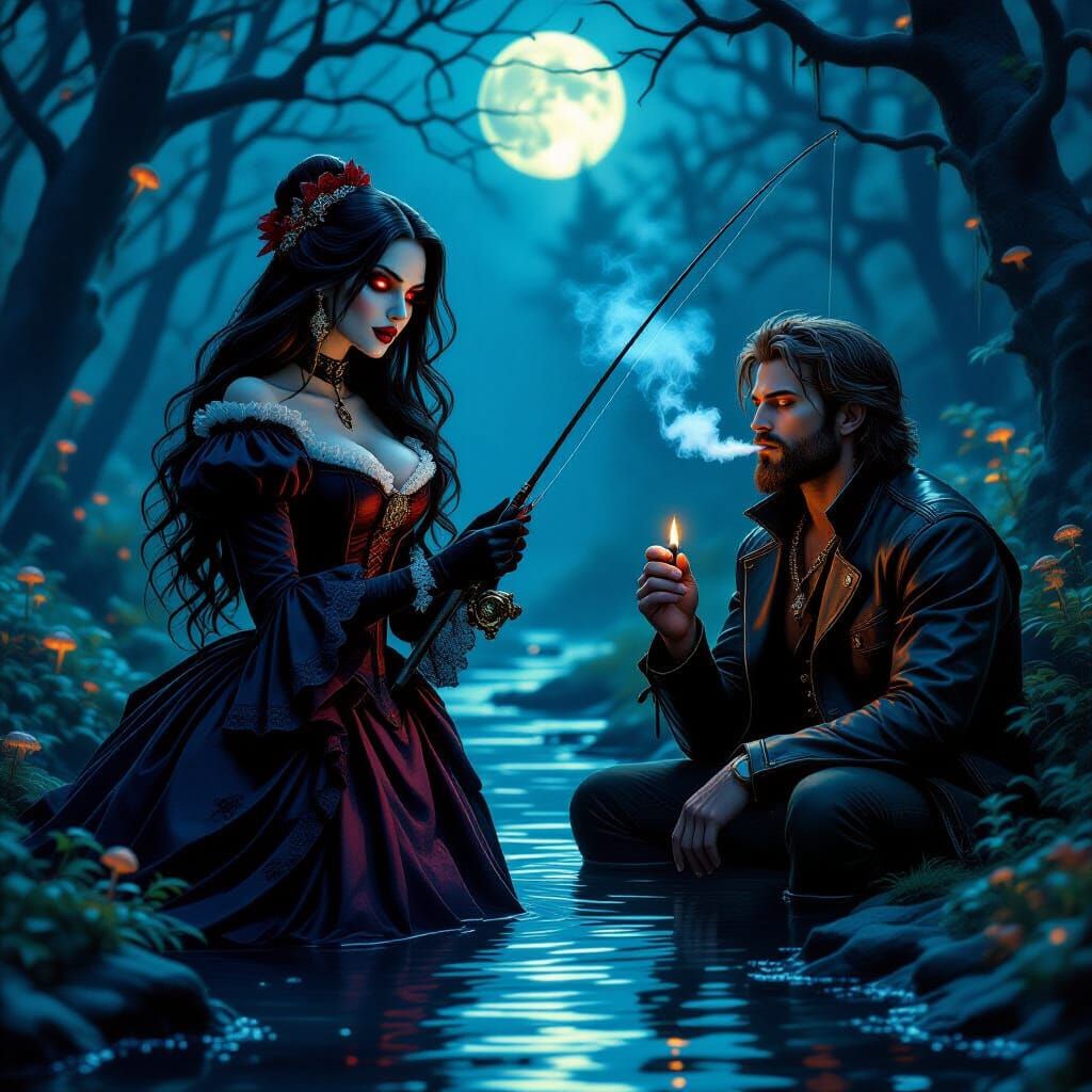 Gothic Vampire Fishing in Enchanted Forest