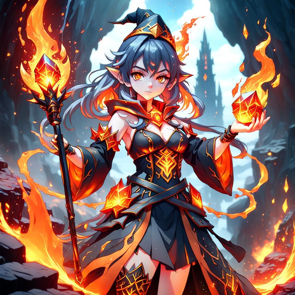 Anime Lava Crystal Wizard Girl in Detailed Matte Painting
